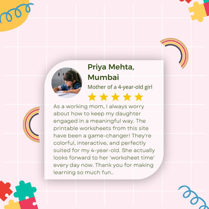 Interactive Learning Worksheets for LKG (Age 4) – Build Early Skills in Phonics, Numbers, Shapes, Pre-Writing & More | Printable PDF